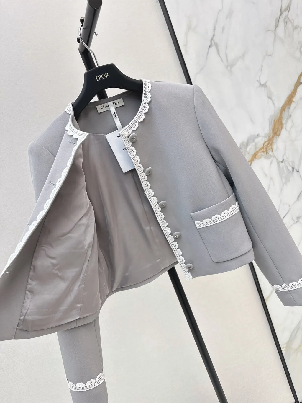 Grey Lace Trim Jacket and Skirt Set