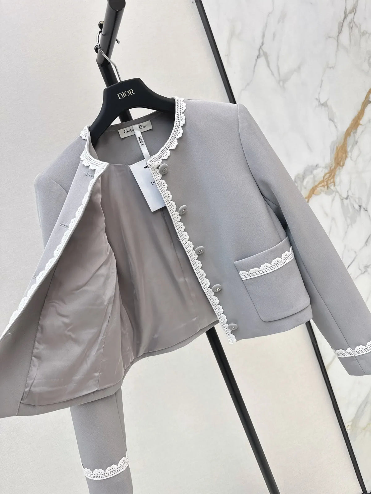 Grey Lace Trim Jacket and Skirt Set