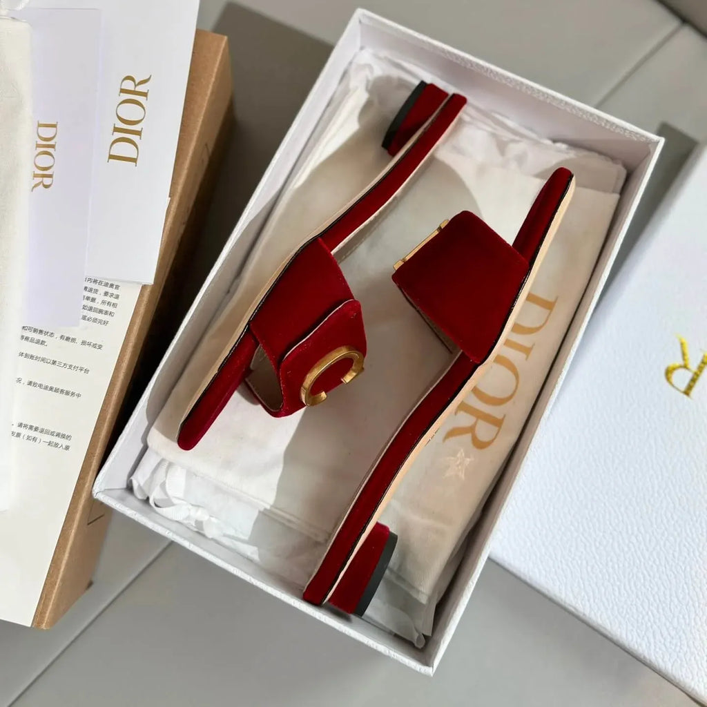 Metal Letter-Buckle Red Velvet Sandals