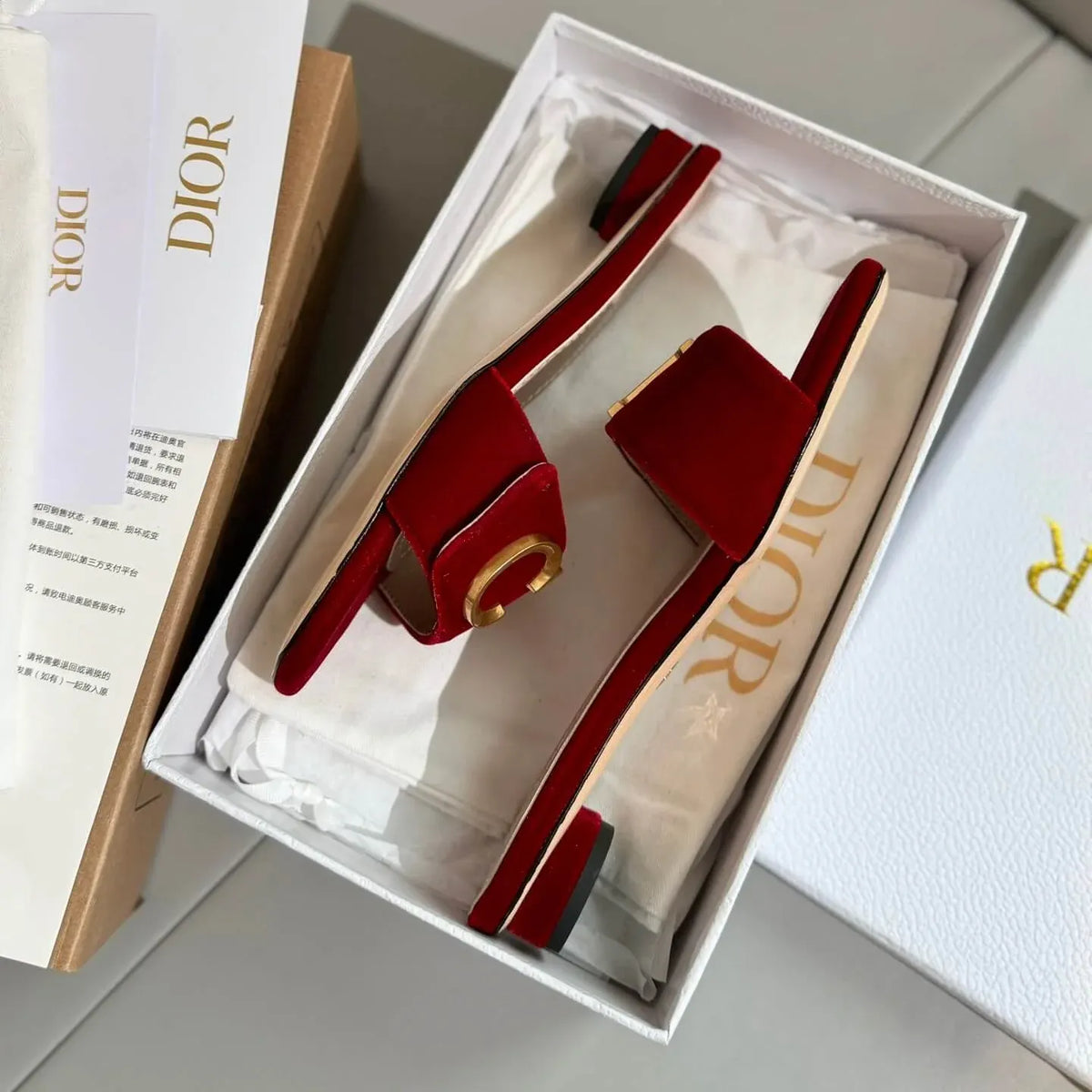 Metal Letter-Buckle Red Velvet Sandals