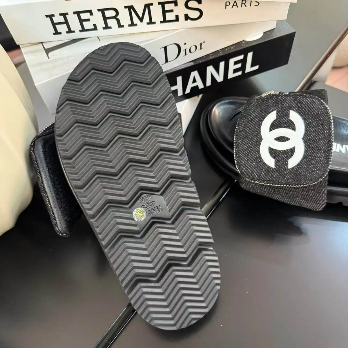 Zippered Pocket Black Denim Fabric Sandals