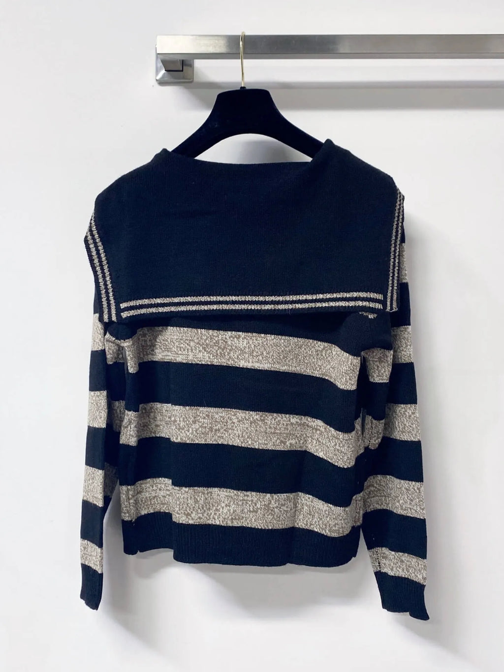 Black Grey Stripe Sailor Collar Cardigan