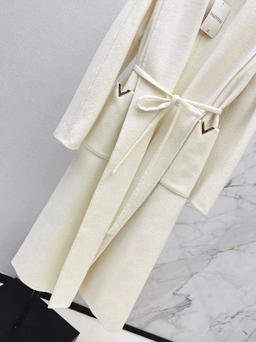 V Detail Belted Wool Long Coat