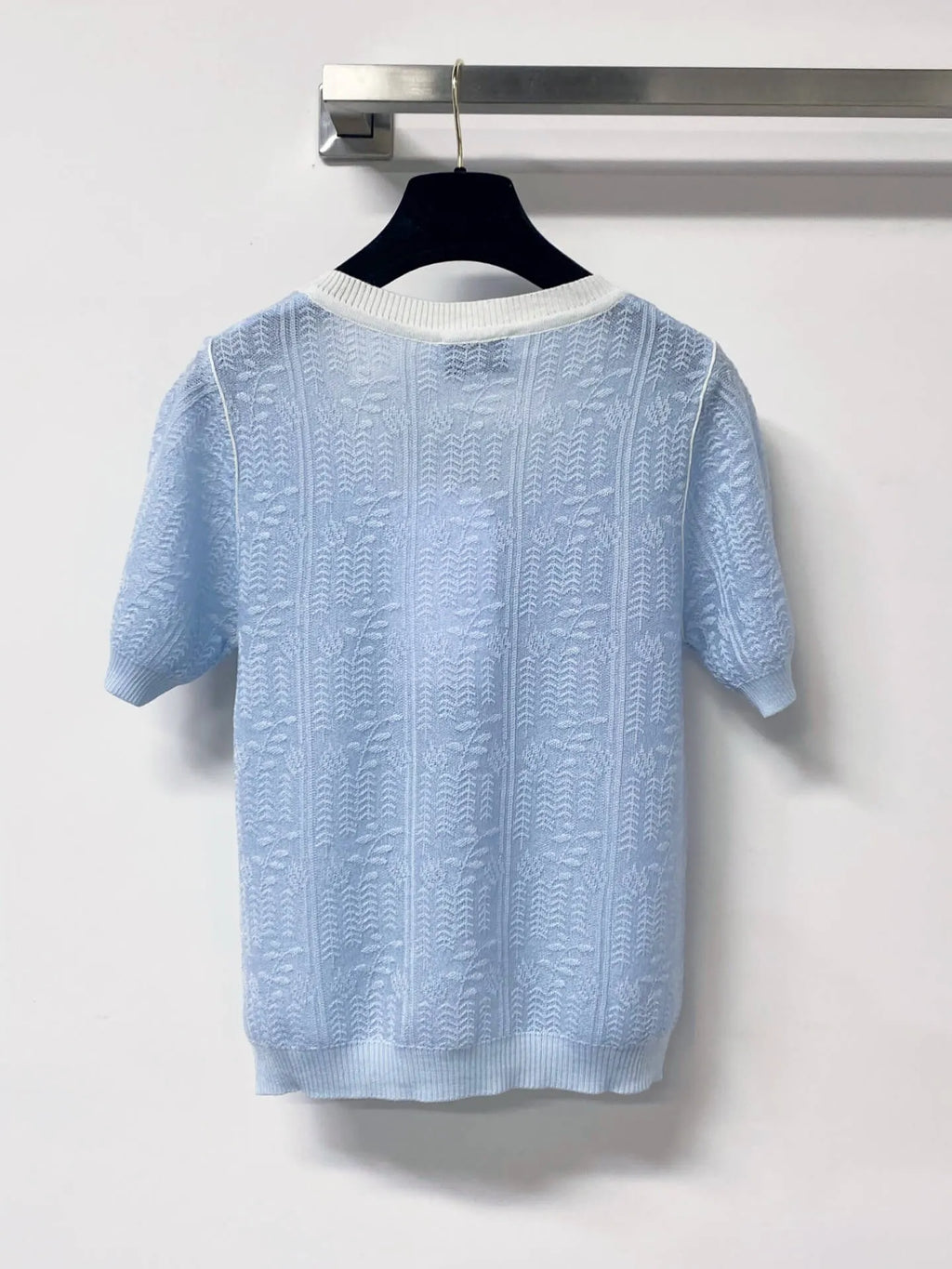 Jacquard V-Neck Short Sleeve Knit Cardigan