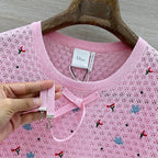 Floral Embroidered Bow Hollow Knit Short Sleeve