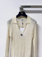 Polo V-Neck Rib Knit Long Sleeve Top