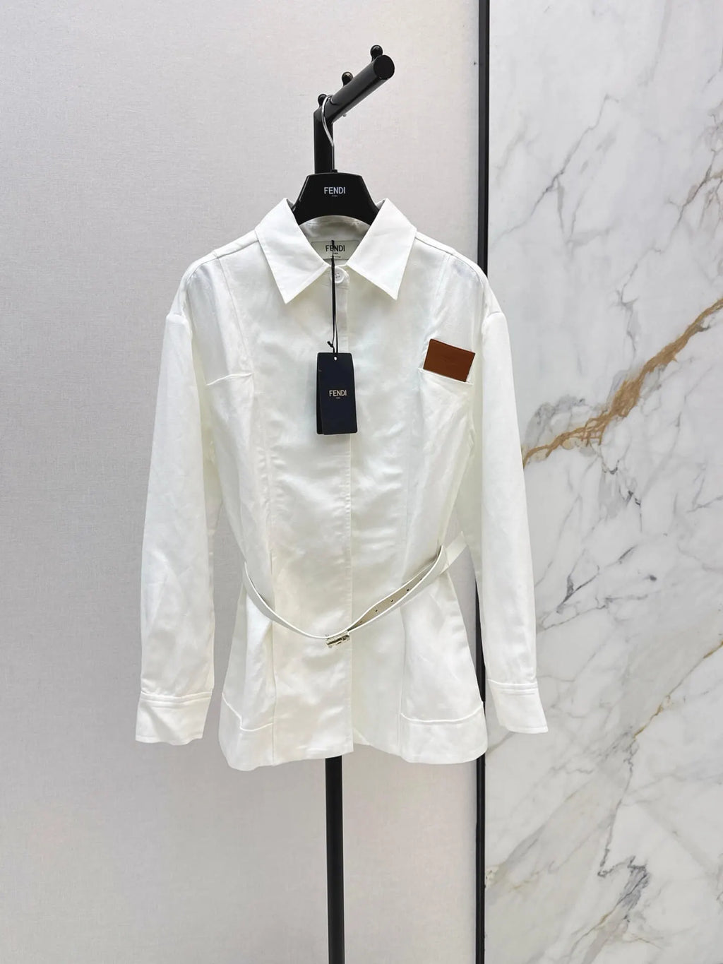 White Belted Collared Shirt