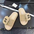 Zippered Pocket Beige Denim Fabric Sandals
