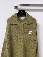 Polo Collar Hollow Knit Long Sleeve Top