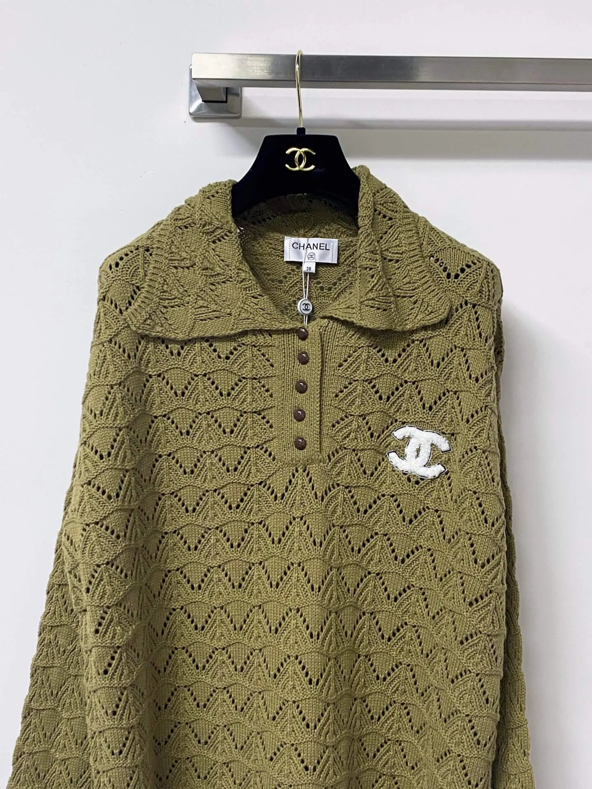 Polo Collar Hollow Knit Long Sleeve Top