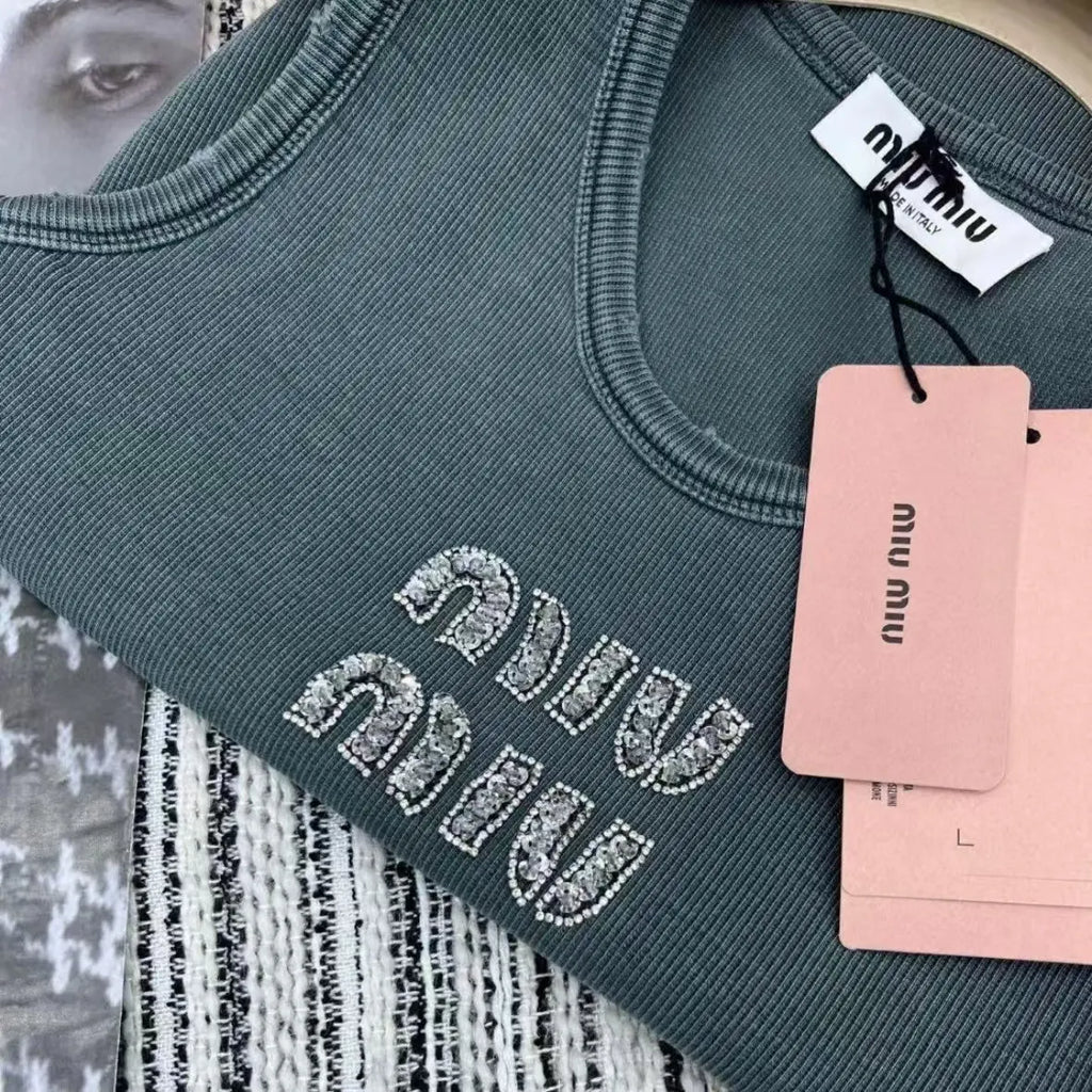 Washed Distressed Diamond-Encrusted Letter Vest