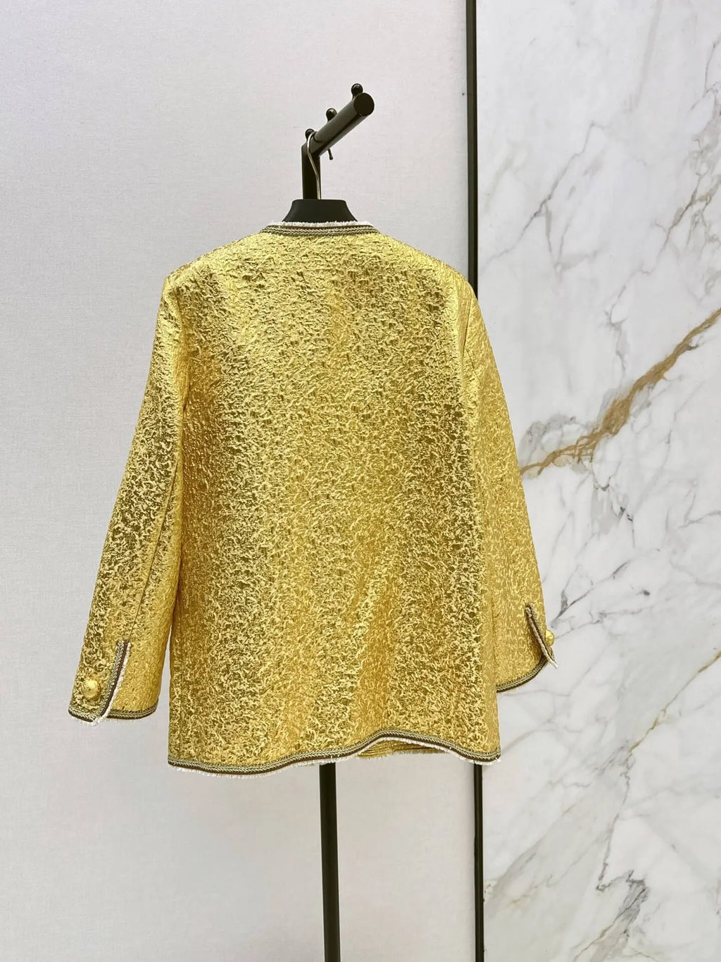 Yellow Textured Round Neck Jacket