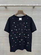 Floral Embroidered Bow Hollow Knit Short Sleeve