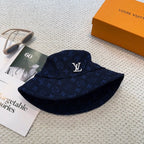 Dark Blue Jacquard Metal-Emblem Bucket Hat