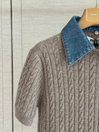 Cable Knit Denim Collar Top
