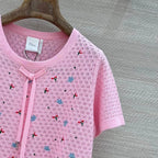 Floral Embroidered Bow Hollow Knit Short Sleeve