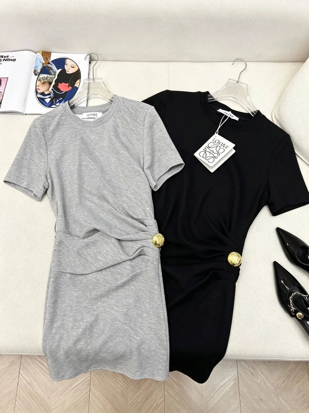 Gold Button Waist Short Sleeve Dress