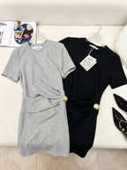 Gold Button Waist Short Sleeve Dress