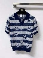 Star Jacquard Striped Knit Polo Top