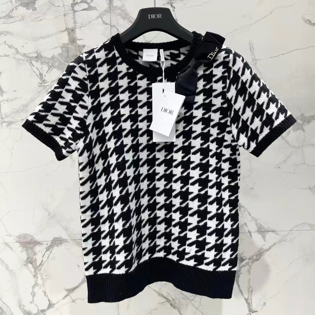 Houndstooth Bow Knit Short Sleeve