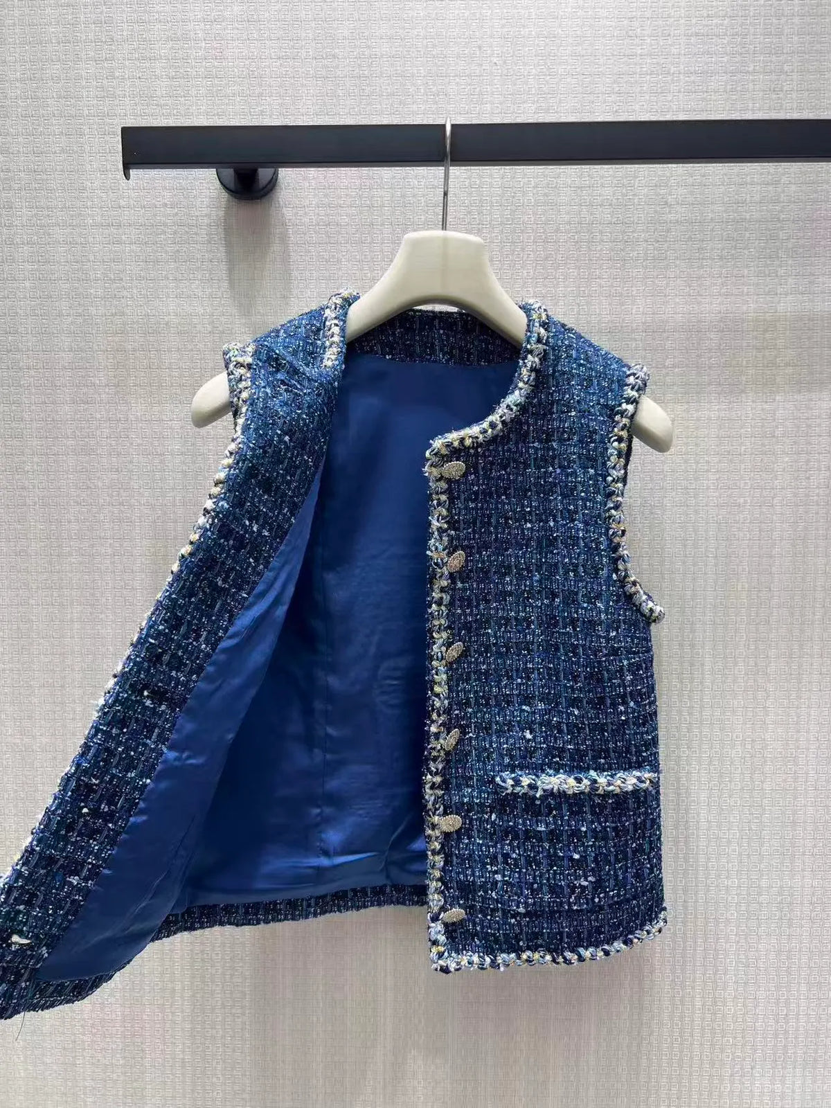 Mixed Yarn Openwork Blue Vest