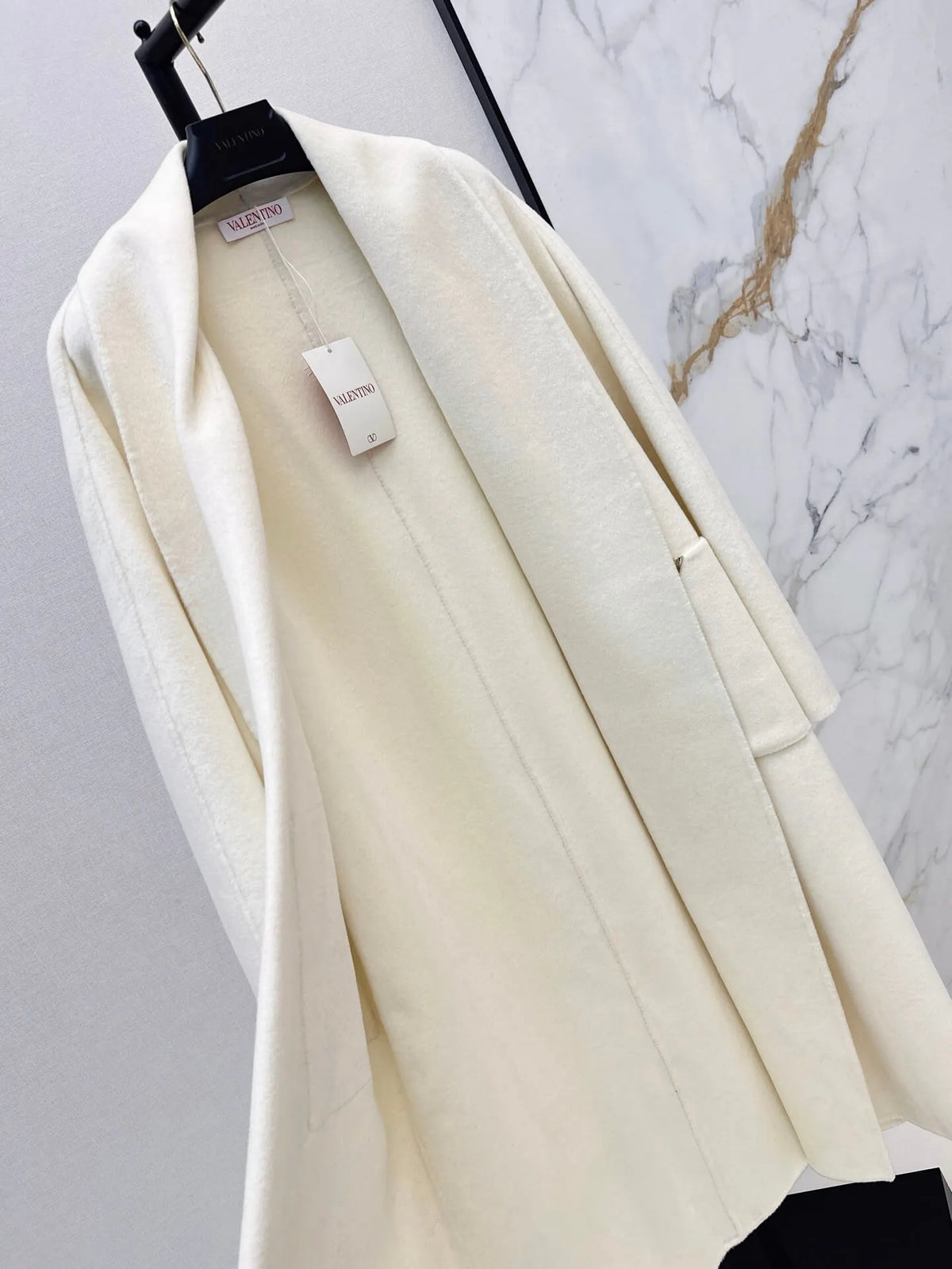 V Detail Belted Wool Long Coat