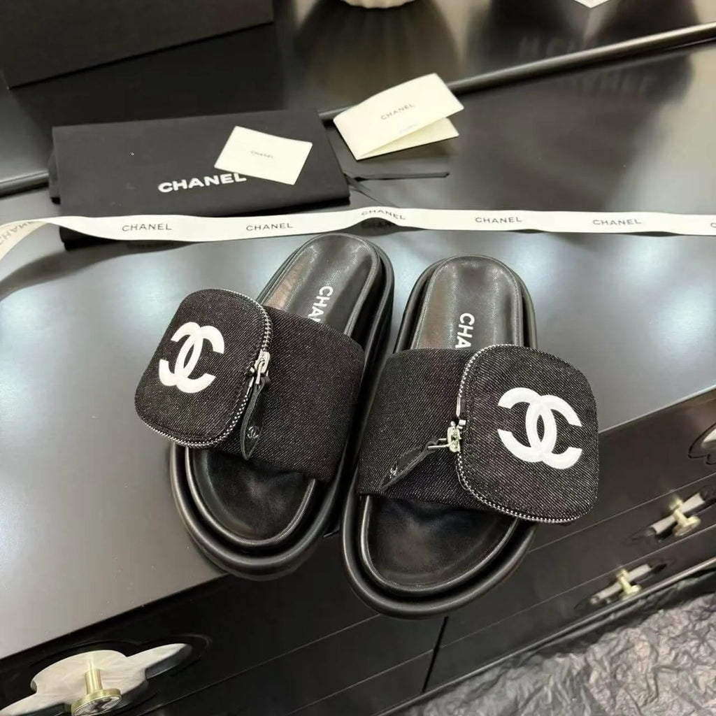 Zippered Pocket Black Denim Fabric Sandals