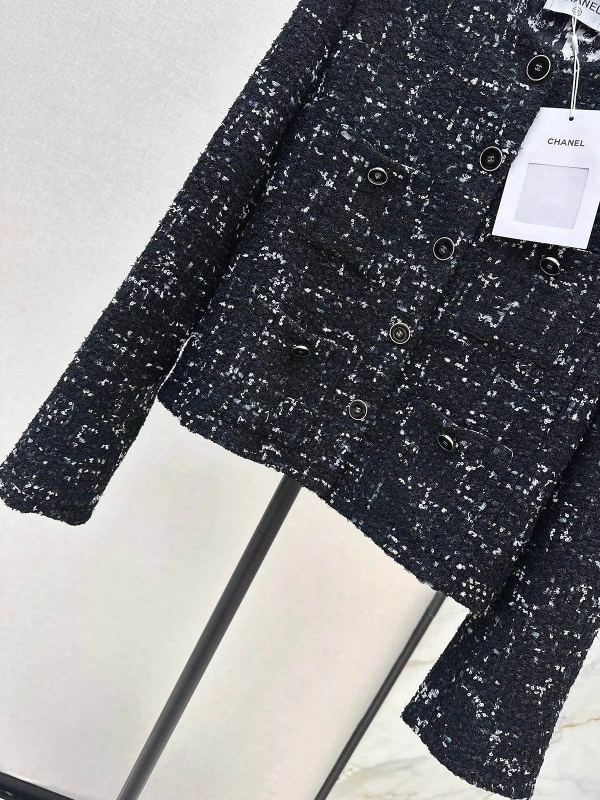 Black Silver Tweed Round Neck Jacket