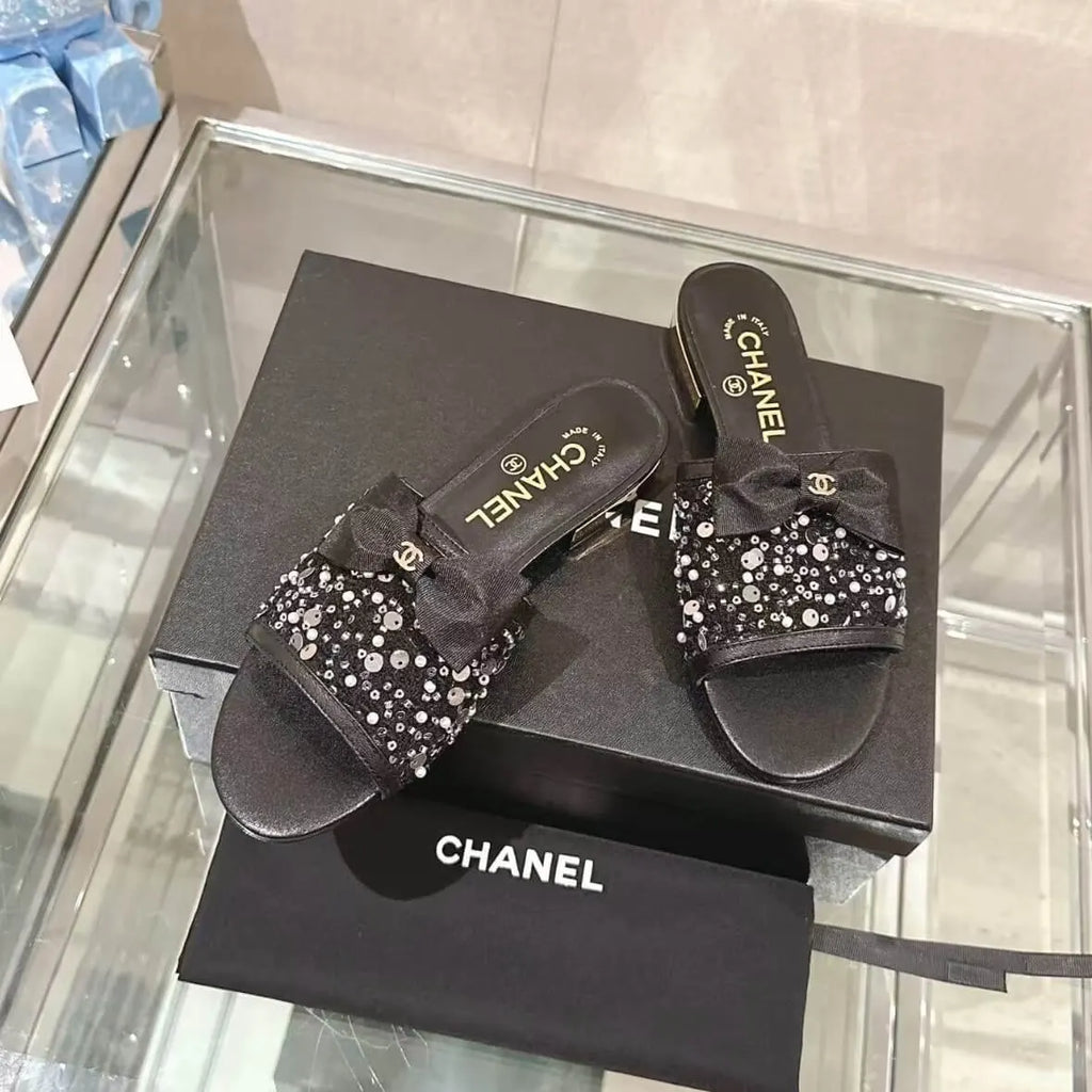 Elegant Black Sequined Bow Sandals